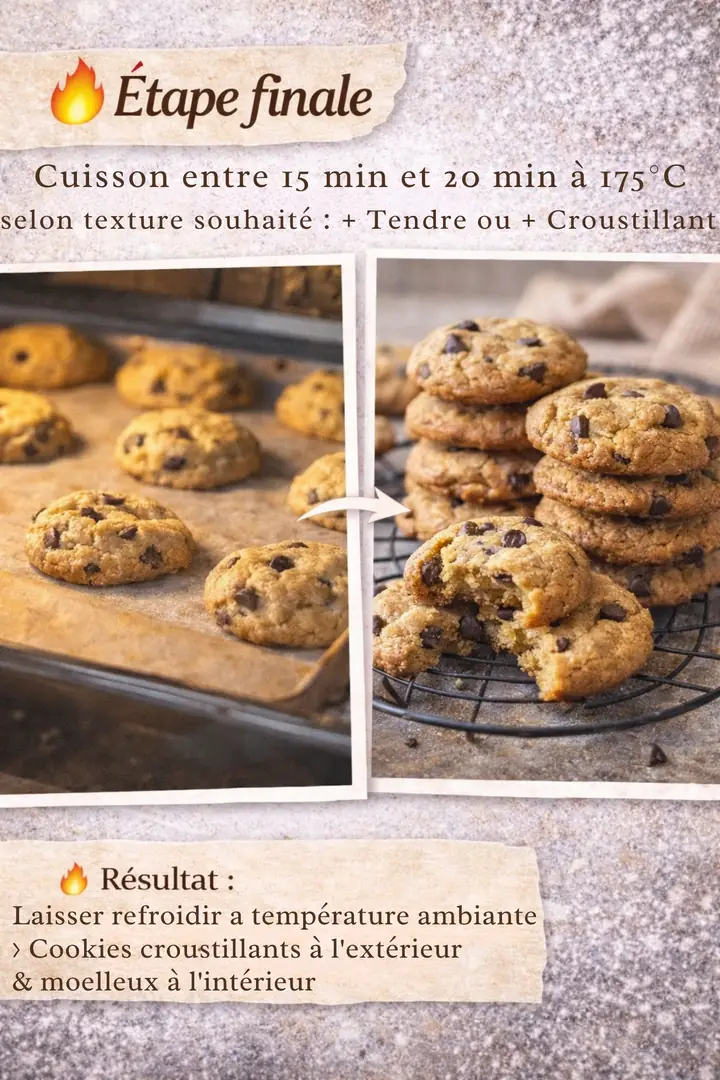 Étape finale : cuisson de 15 à 20 minutes à 175 °C selon la texture souhaitée, plus tendre ou plus croustillante. Laisser refroidir à température ambiante : cookies croustillants à l'extérieur, moelleux à l'intérieur.