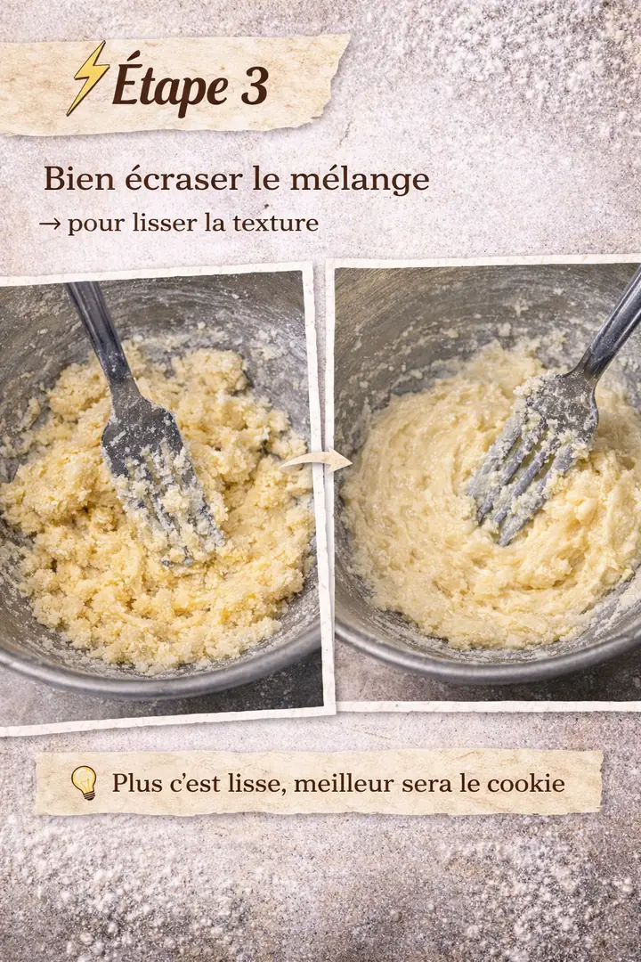 Étape 3 : bien écraser le mélange pour lisser la texture. Plus c'est lisse, meilleur sera le cookie.