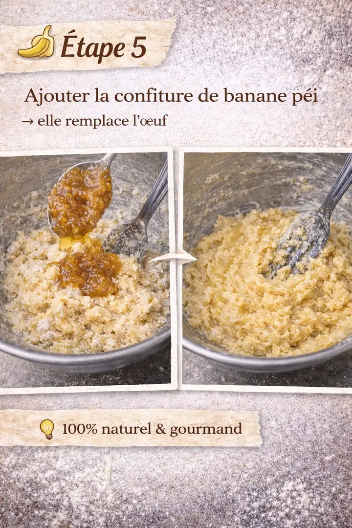 Étape 5 : ajouter la confiture de banane péi, qui remplace l'œuf. 100 % naturel et gourmand.