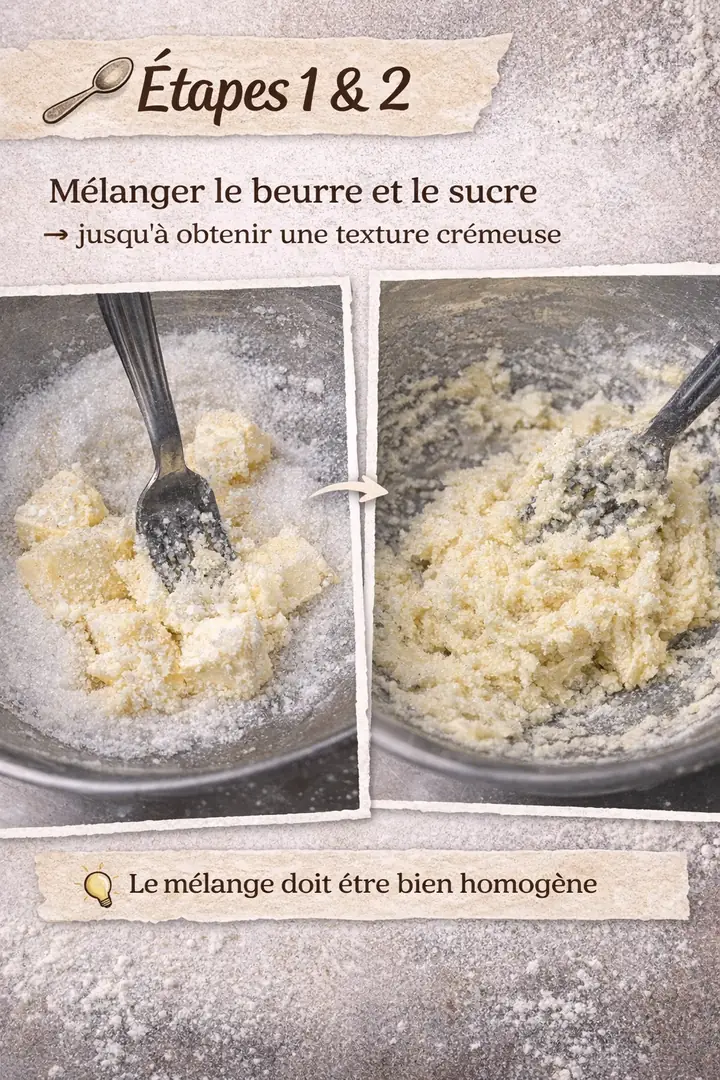 Étapes 1 et 2 : mélanger le beurre et le sucre jusqu'à obtenir une texture crémeuse. Le mélange doit être bien homogène.