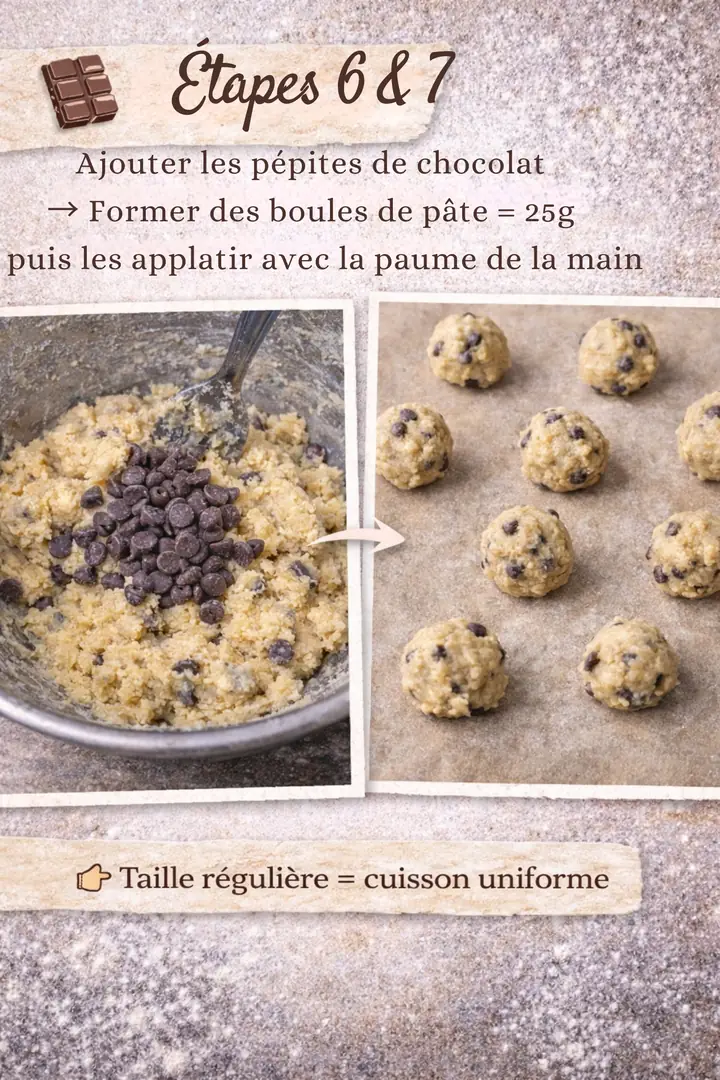Étapes 6 et 7 : ajouter les pépites de chocolat, former des boules de 25 g puis les aplatir avec la paume de la main. Taille régulière, cuisson uniforme.