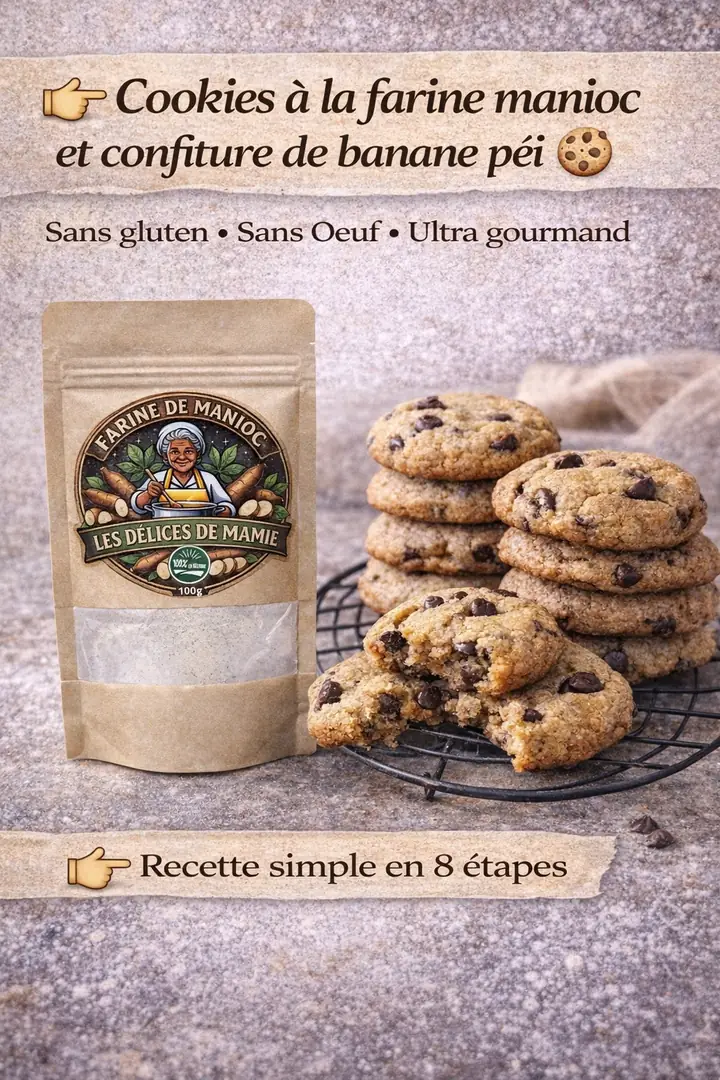 Couverture : cookies à la farine de manioc et confiture de banane péi. Sans gluten, sans œuf, ultra gourmand. Recette simple en 8 étapes.
