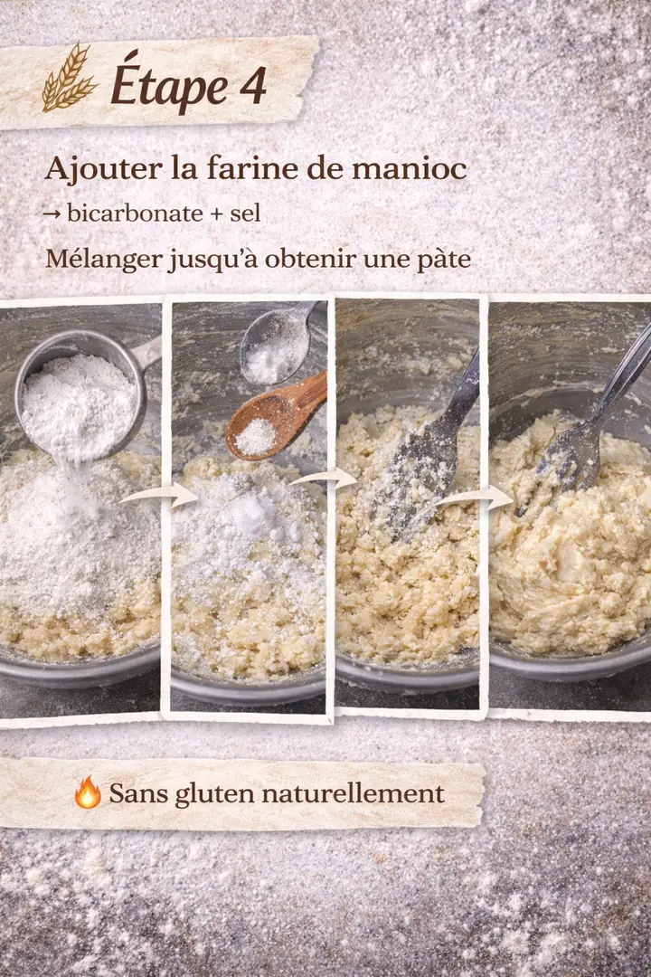 Étape 4 : ajouter la farine de manioc, le bicarbonate et le sel, puis mélanger jusqu'à obtenir une pâte. Sans gluten naturellement.