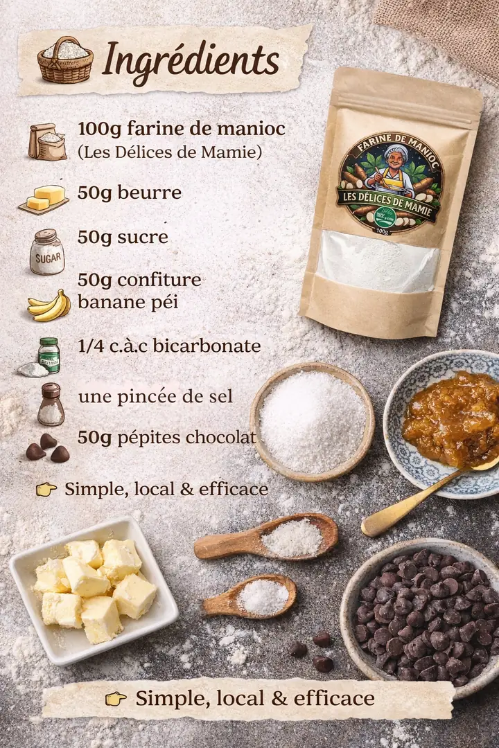 Ingrédients : 100 g de farine de manioc Les Délices de Mamie, 50 g de beurre, 50 g de sucre, 50 g de confiture de banane péi, 1/4 c. à c. de bicarbonate, une pincée de sel, 50 g de pépites de chocolat.