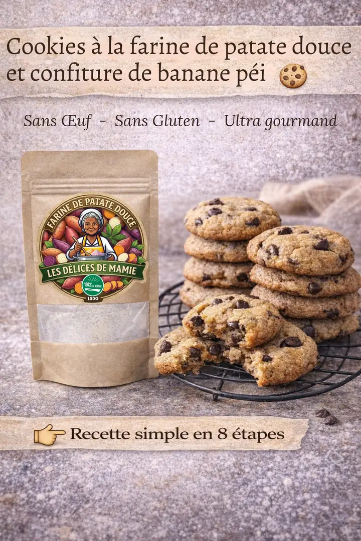 Couverture : cookies à la farine de patate douce et confiture de banane péi. Sans œuf, sans gluten, ultra gourmand. Recette simple en 8 étapes.