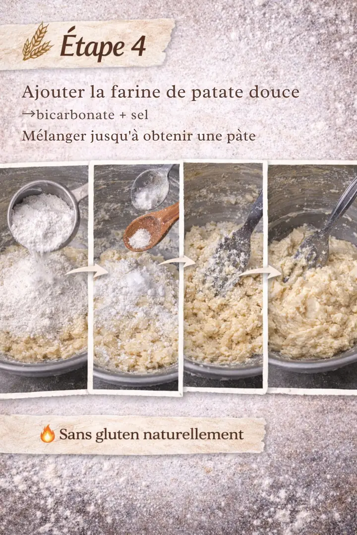 Étape 4 : ajouter la farine de patate douce, le bicarbonate et le sel, puis mélanger jusqu'à obtenir une pâte. Sans gluten naturellement.