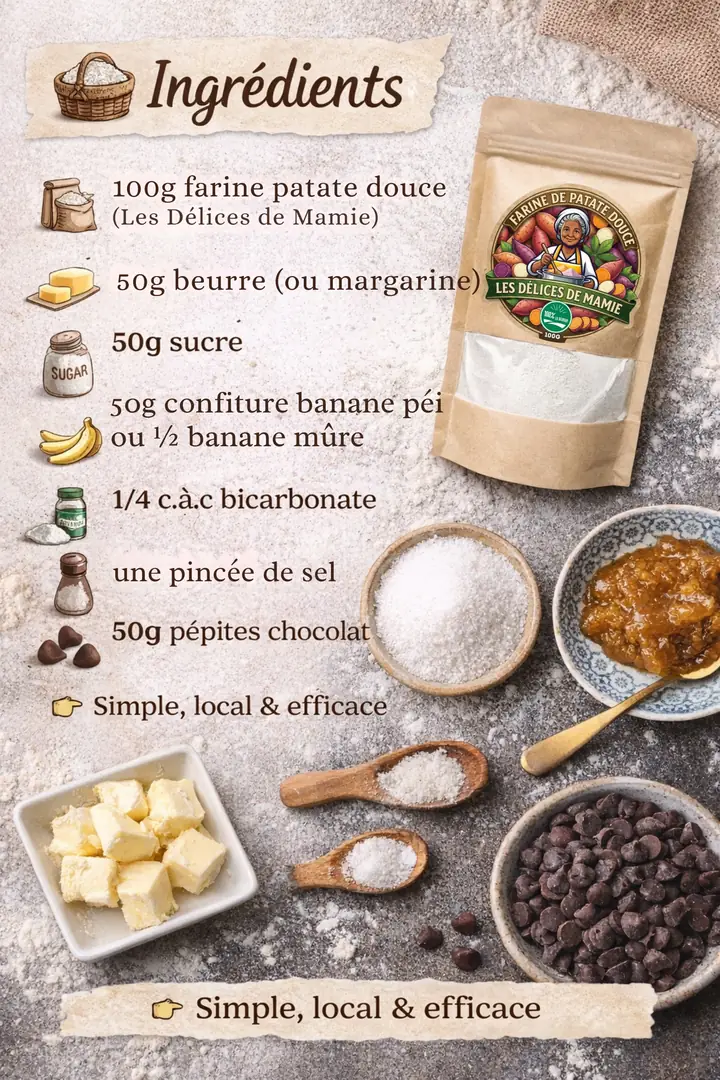 Ingrédients : 100 g de farine de patate douce Les Délices de Mamie, 50 g de beurre ou de margarine, 50 g de sucre, 50 g de confiture de banane péi ou une demi-banane mûre, 1/4 c. à c. de bicarbonate, une pincée de sel, 50 g de pépites de chocolat.