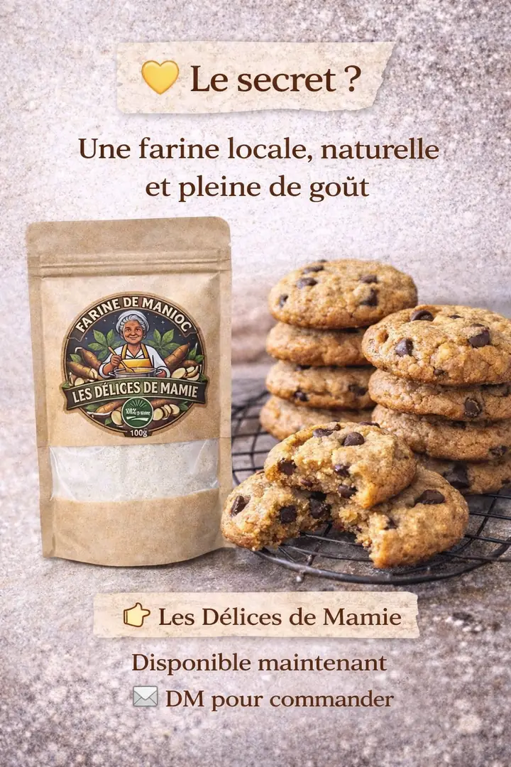 Le secret : une farine locale, naturelle et pleine de goût. Farine de manioc Les Délices de Mamie, disponible maintenant.